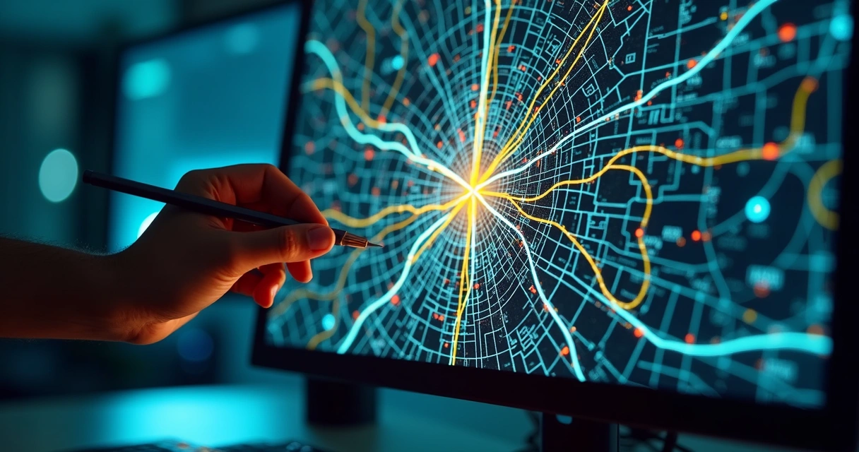 Visualização de mapa digital de rede de fibra óptica em tela de computador 