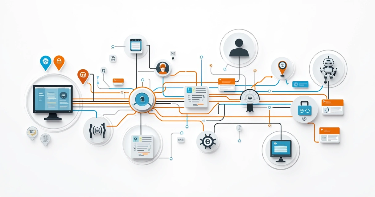 Mapa digital mostrando integração de operações empresariais por IA e RPA 
