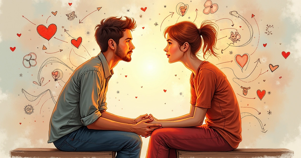 Dibujo de dos personas conectadas por líneas que representan flujos emocionales y simbólicos 