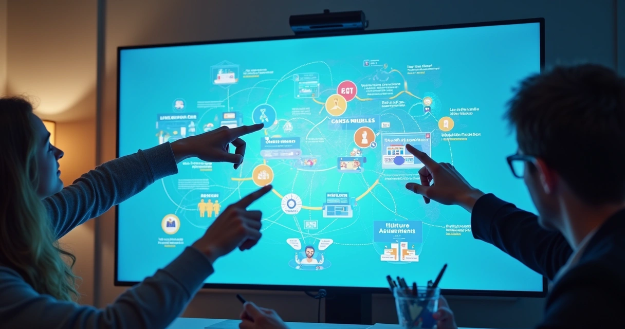 Mapa visual interativo do curso em tela digital 