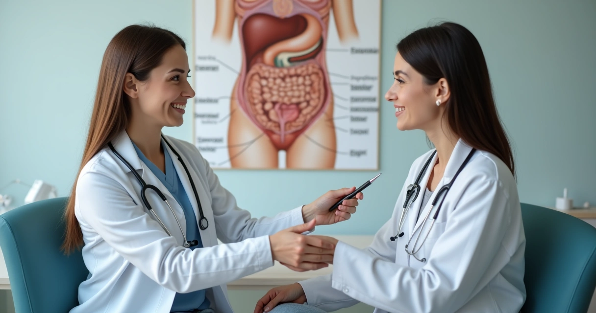 Mulher apontando diferentes regiões do abdome com ilustrações das áreas de dor 