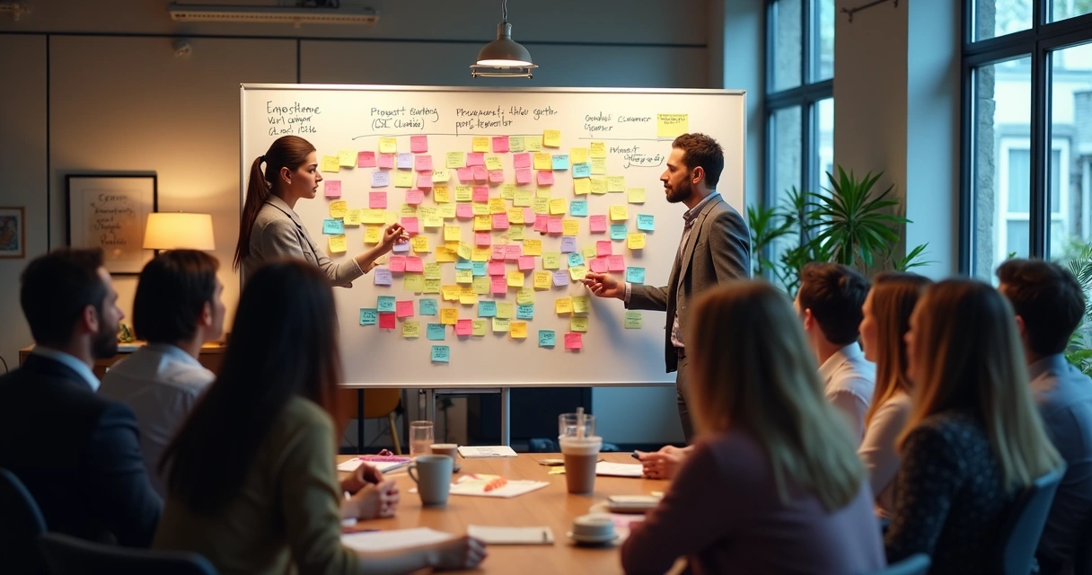 Quadro branco com post-its coloridos mapeando dores e dúvidas dos clientes durante a jornada de compra 