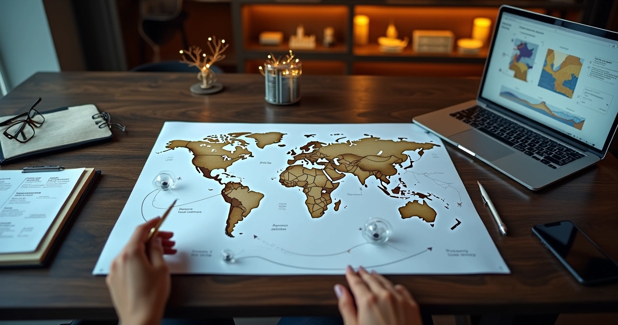 Profissional de turismo analisando mapa de conexões com clientes de alto padrão 