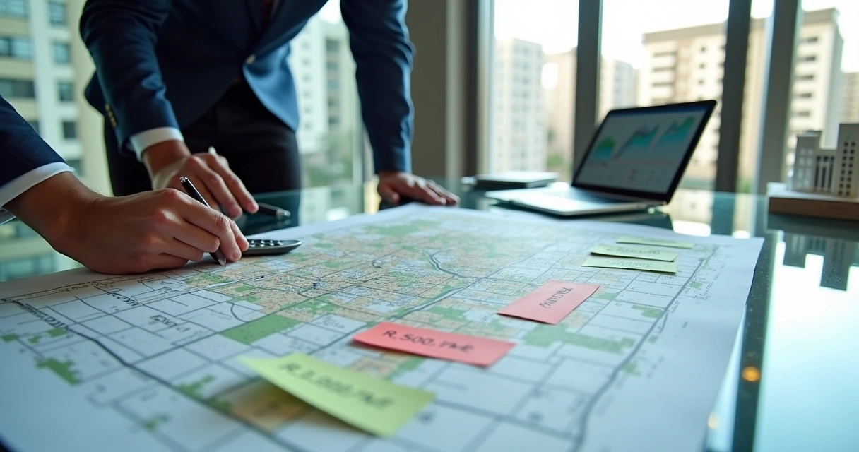 Corretores analisam mapa do bairro Eldorado com valores de metro quadrado destacados 