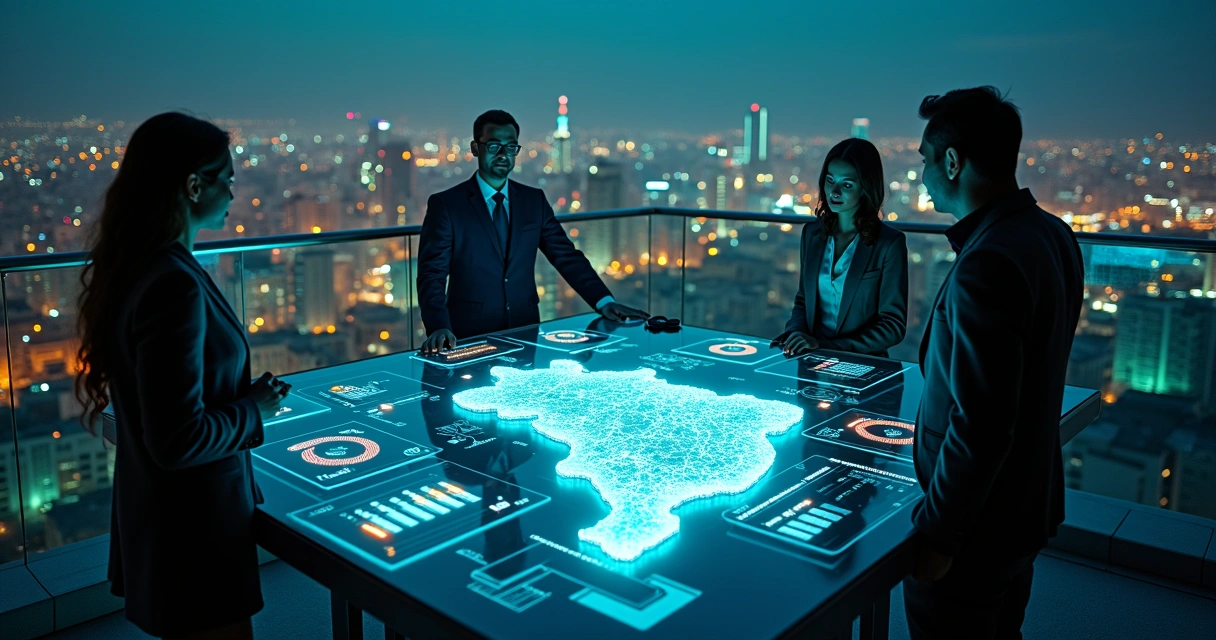 Mapa eleitoral do Brasil projetado em holograma com dados digitais de campanha 