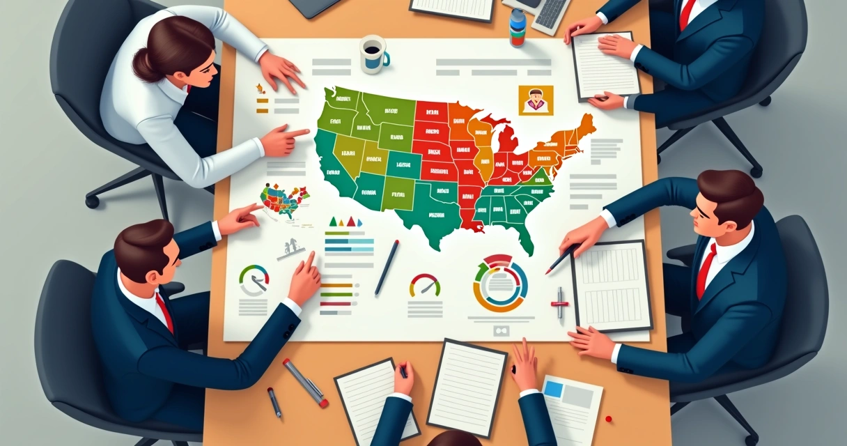 Equipe política analisando mapa regional e dados em tela widescreen 