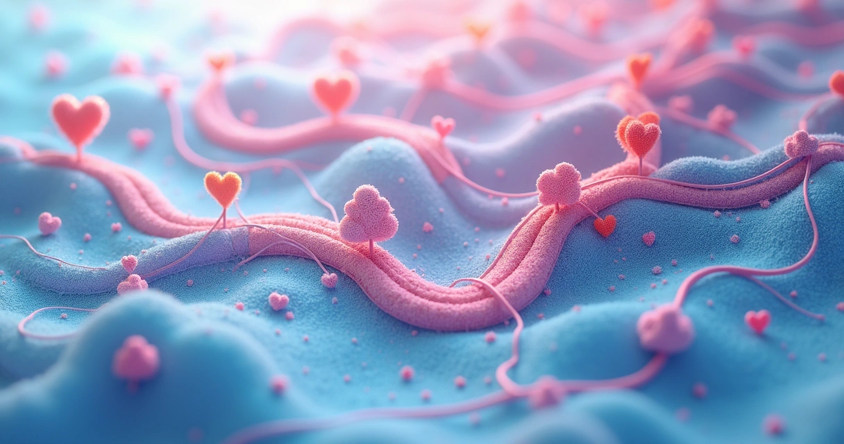 Ilustração abstrata de um mapa colorido com caminhos e símbolos emocionais 