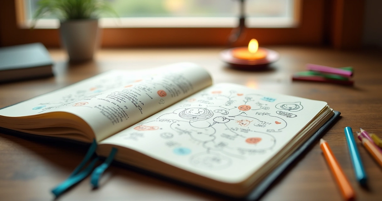 Cuaderno abierto con un mapa emocional escrito y dibujos de emociones