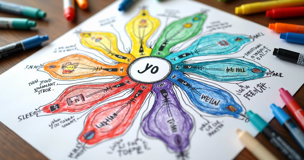 Mapa emocional colorido con ramas y emociones conectadas