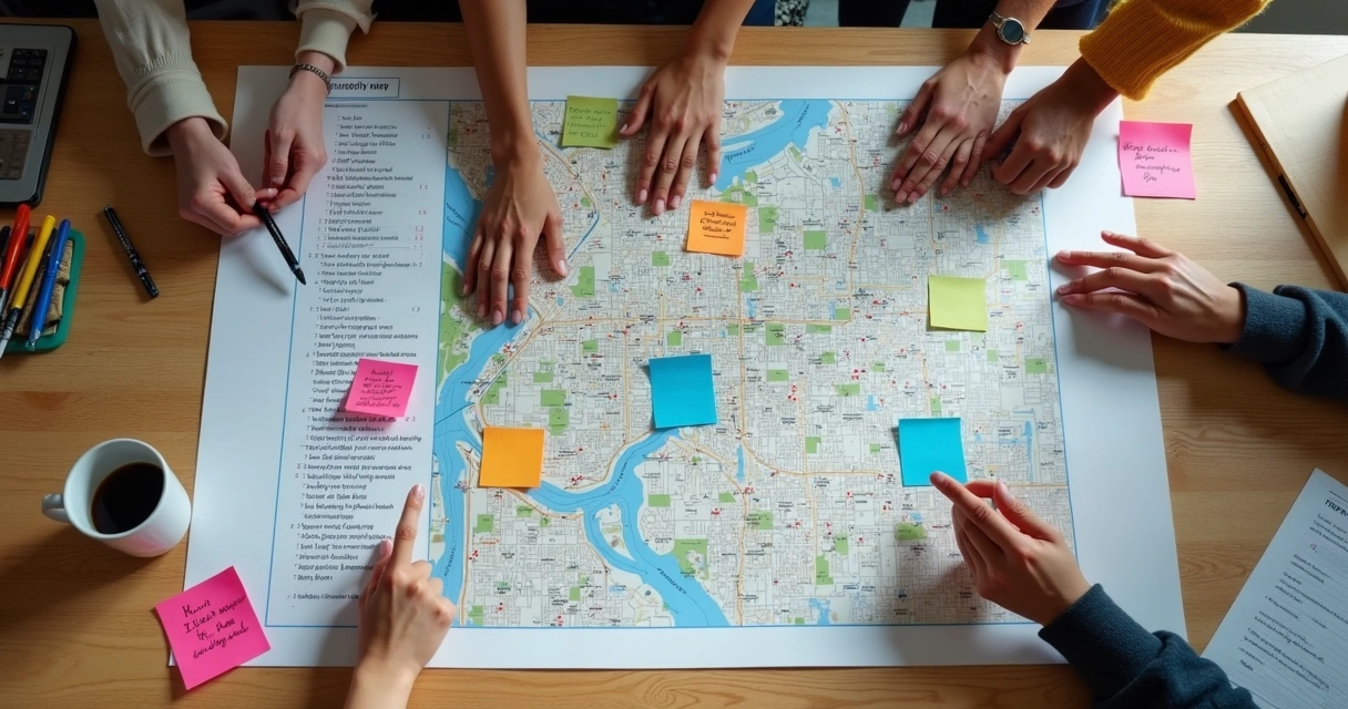 Painel com mapa comunitário, anotações e marcadores de padrões emocionais