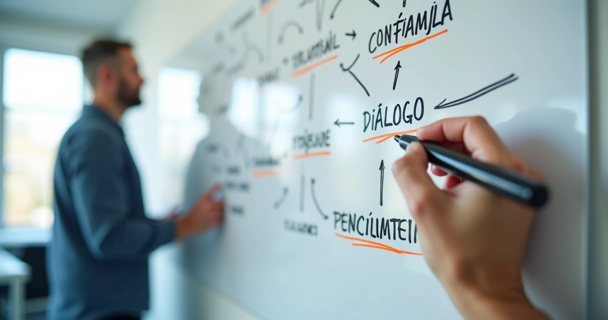 Mapa emocional desenhado em quadro branco com setas e palavras como confiança, diálogo e pertencimento