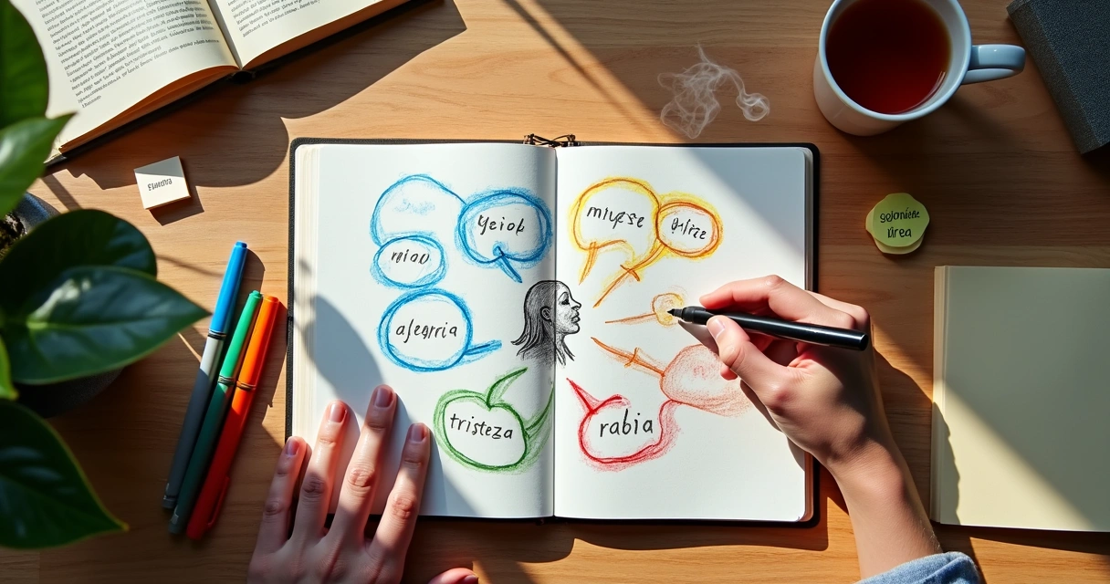 Persona dibujando su mapa emocional en un cuaderno con colores 