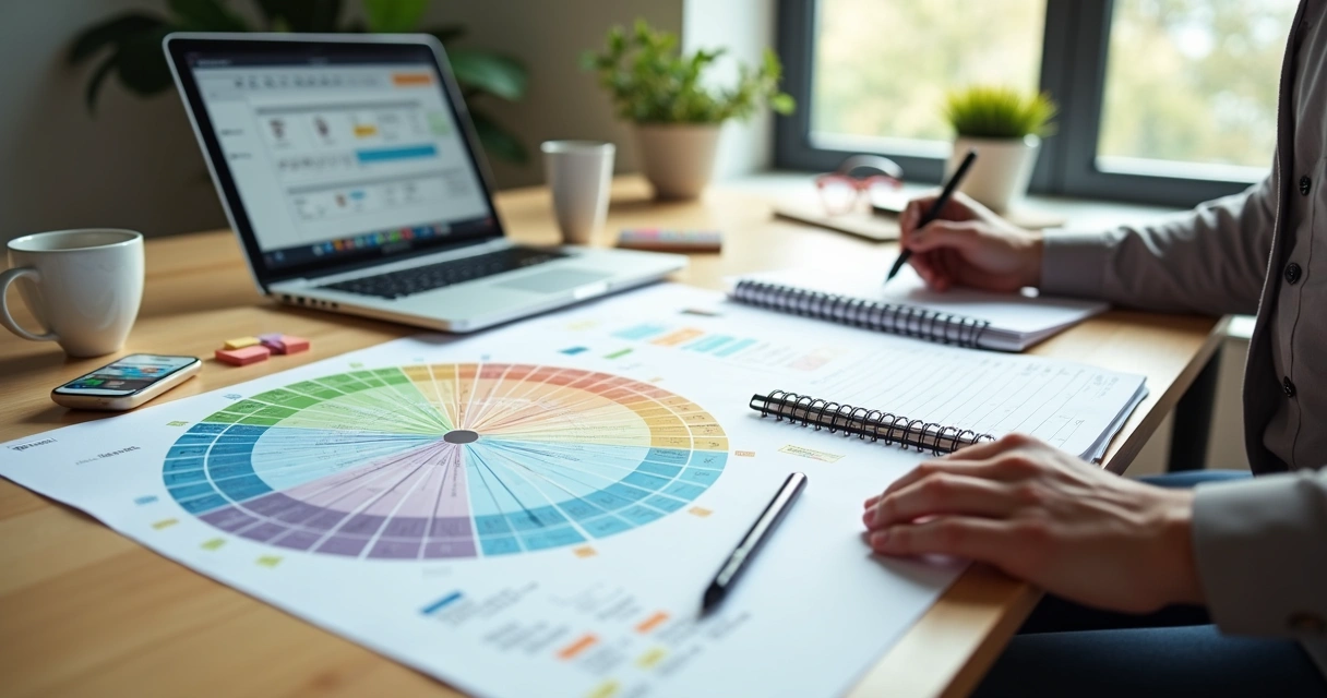 Profissional analisando mapa emocional colorido ao lado de cronograma de projeto 