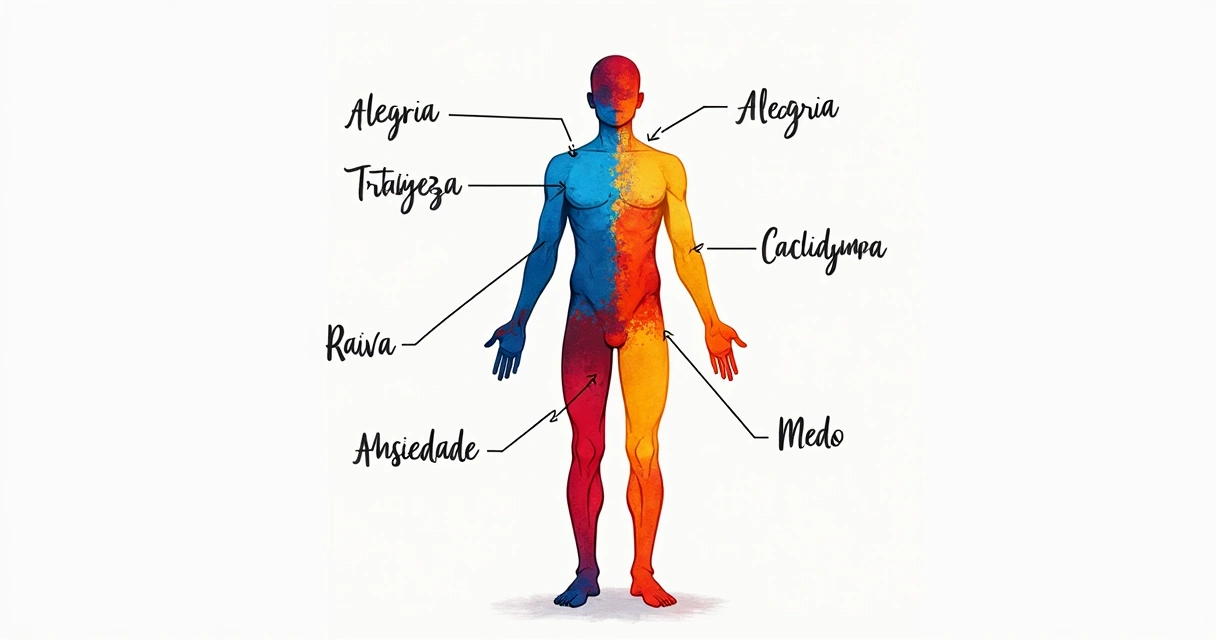 Desenho de um corpo humano colorido com áreas que representam diferentes emoções 