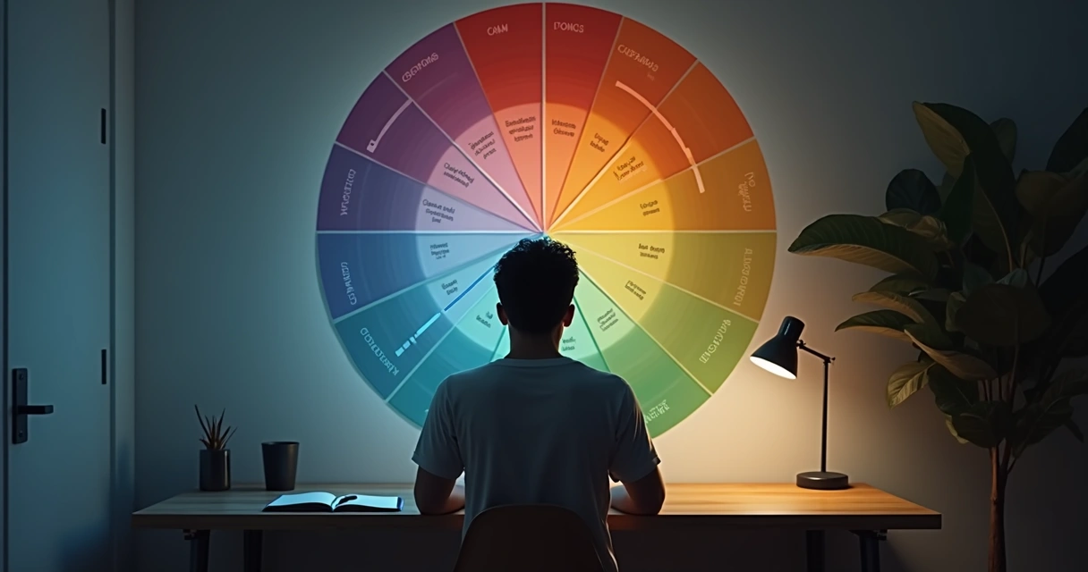 Pessoa sentada diante de um painel com mapa colorido das emoções em ambiente escuro 