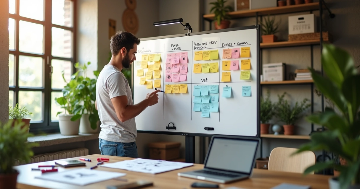 Mapa de empatia colorido em parede com fundadora de startup analisando post-its 