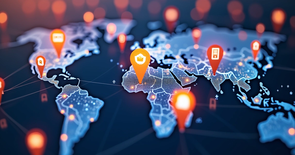 Mapa mostrando distribuição de empresas B2B e ícones de tecnologia 