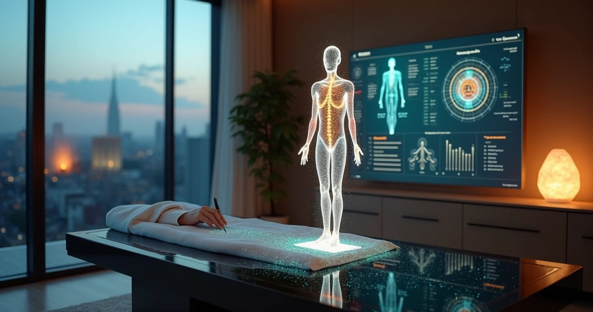 Mapa energético colorido projetado em corpo humano holográfico 