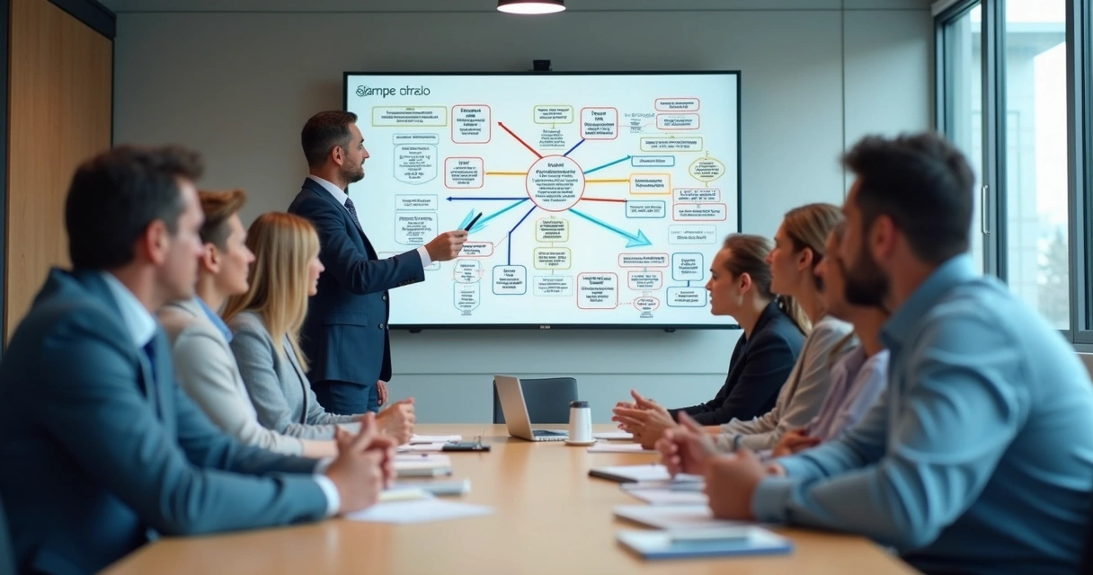 Equipe reunida diante de mapa visual com conexões entre áreas e tarefas 
