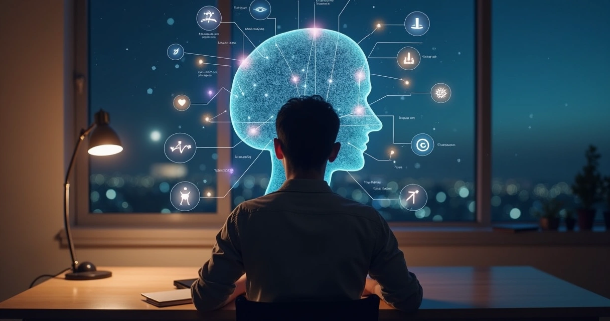 Persona observando un mapa mental de estados de consciencia 