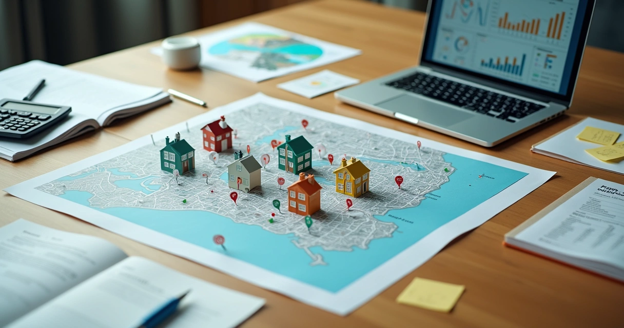 Mesa com mapa urbano, miniaturas de imóveis e material de análise de leilões organizados em estratégia visual 