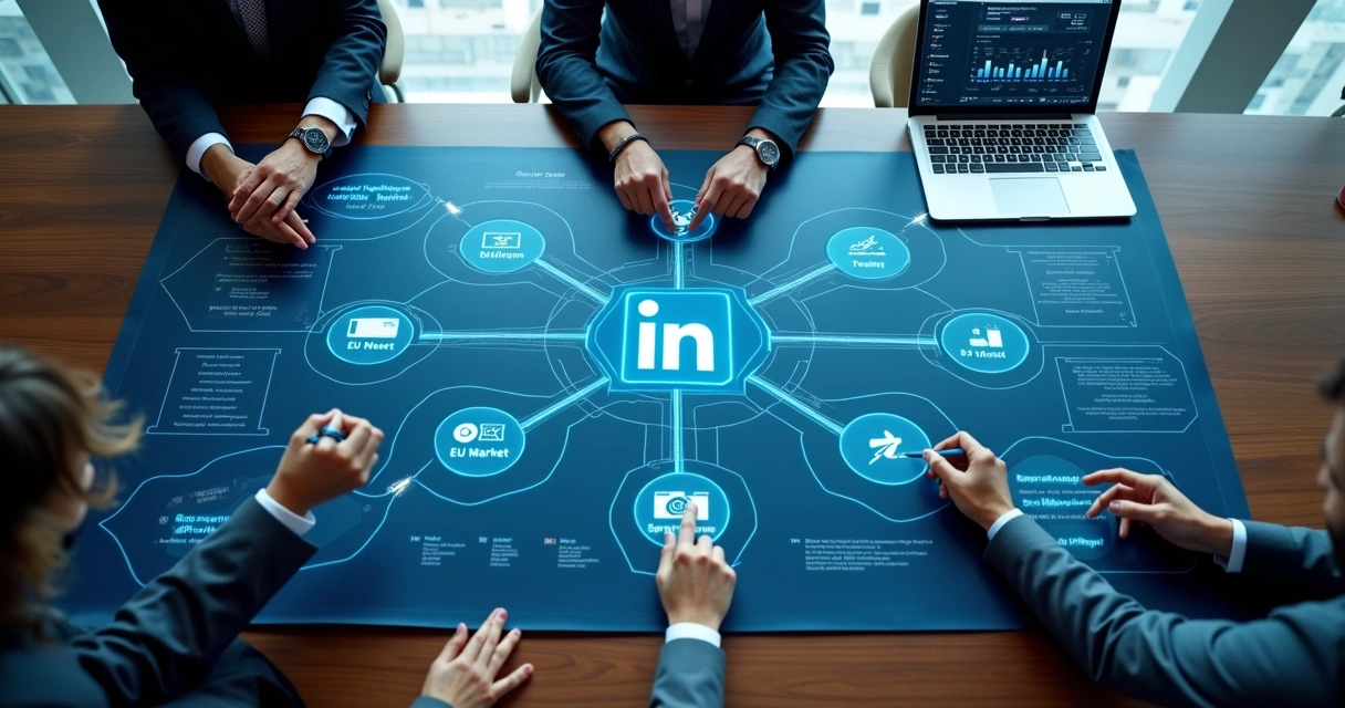 Mapa visual de estratégia B2B com ícones do LinkedIn e conexões globais 