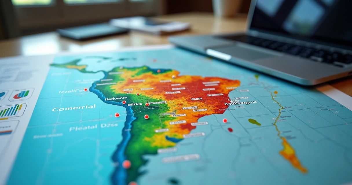 Mapa digital com indicações de pontos de vendas e bairros destacados 