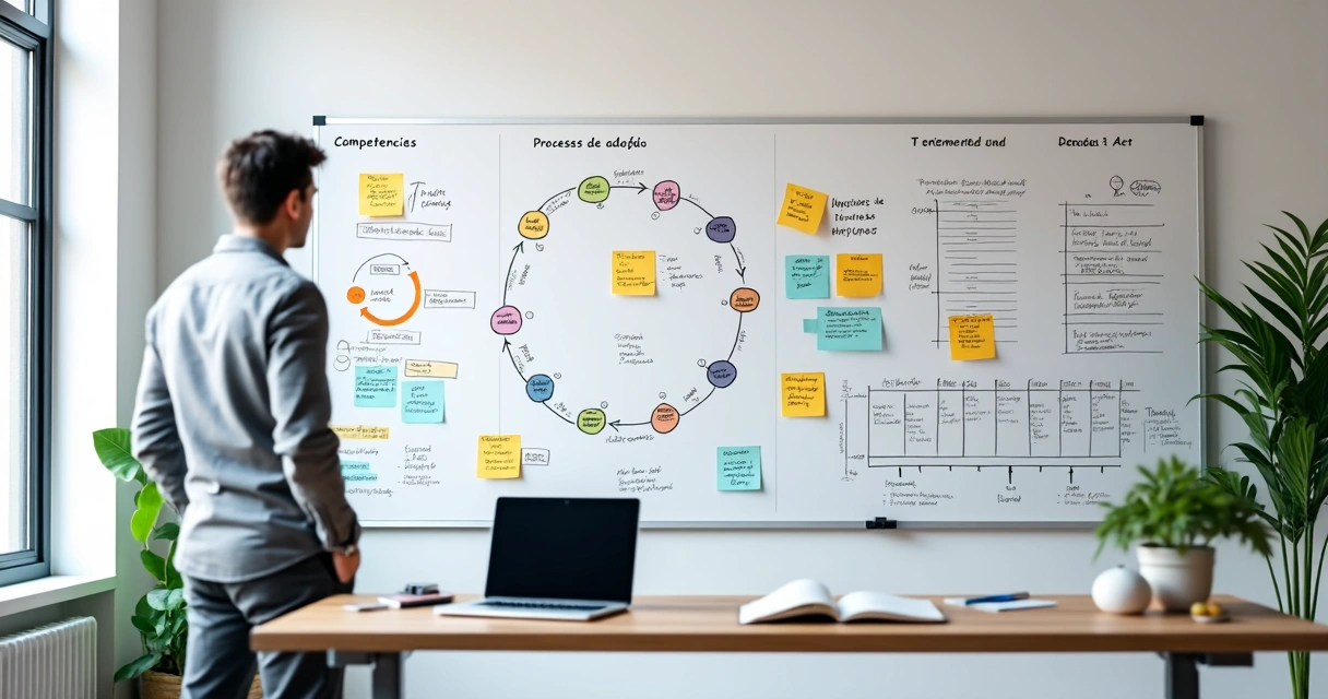 Profissional organiza mapa visual de competências e feedback de mercado em quadro amplo 