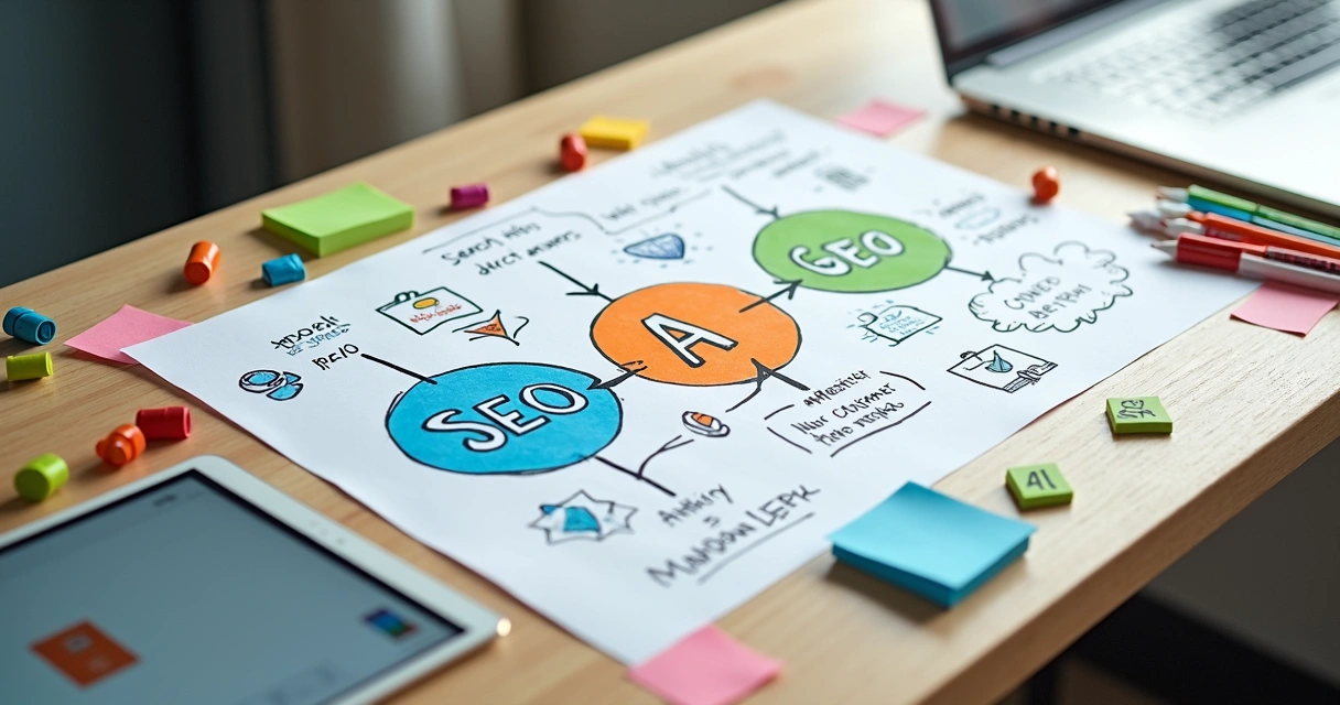 Mapa conceitual colorido mostrando conexão entre SEO AEO e GEO em papel sobre mesa 