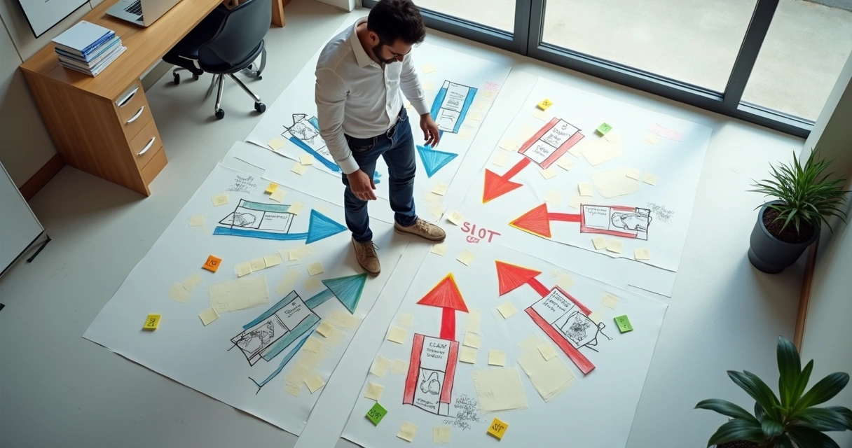 Dono de PME em pé marcando prioridades em grande matriz SWOT no chão do escritório 