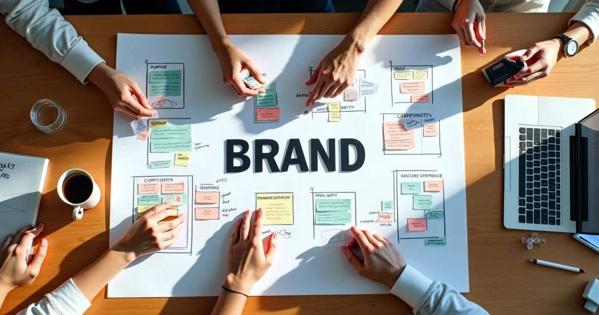 Mapa estratégico de branding com fichas coloridas sobre mesa de madeira 