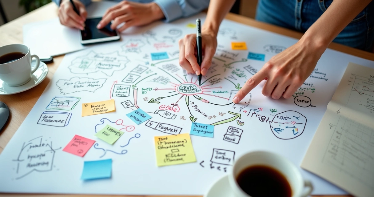 Quadro branco com fluxo visual de metas e projetos estratégicos desenhados a mão 