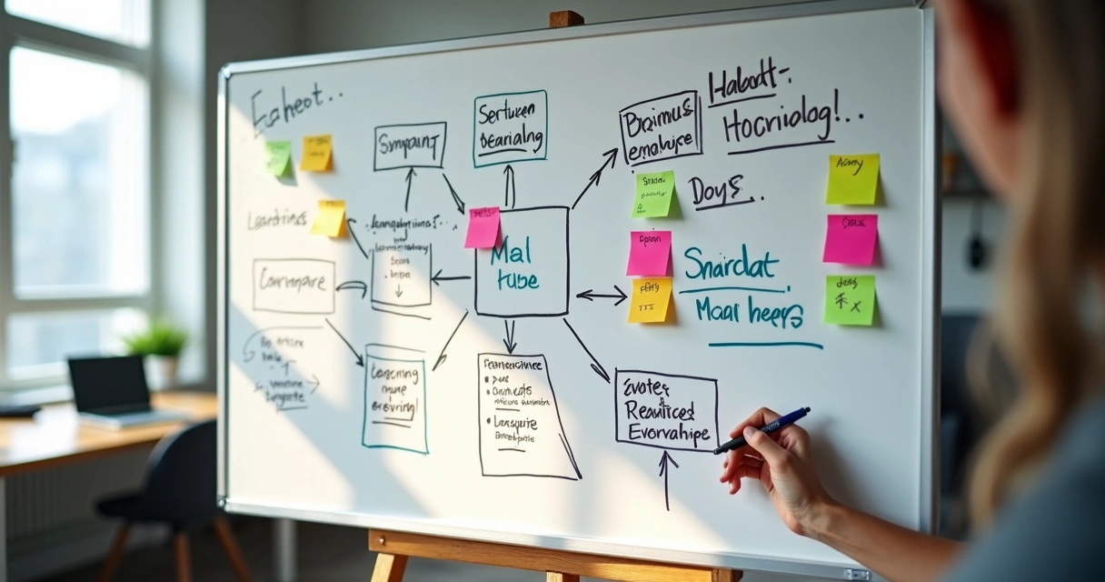 Quadro branco com mapa estratégico empresarial desenhado à mão
