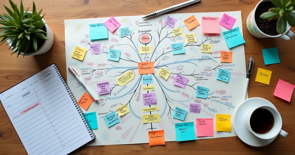 Mesa com mapa mental colorido e cronograma de estudos desenhado 