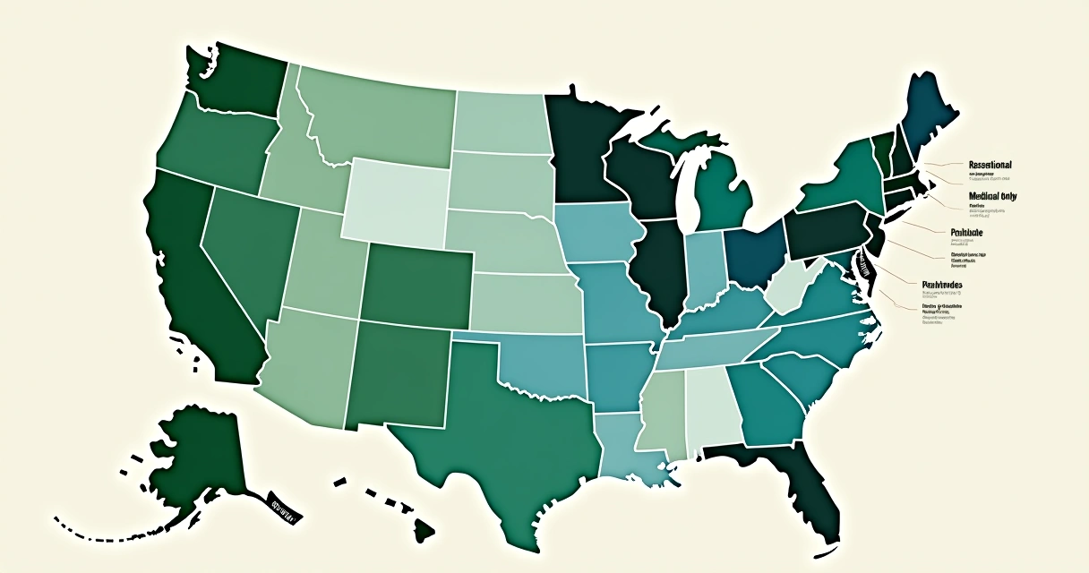 Mapa dos EUA mostrando status legal da cannabis em 2026 