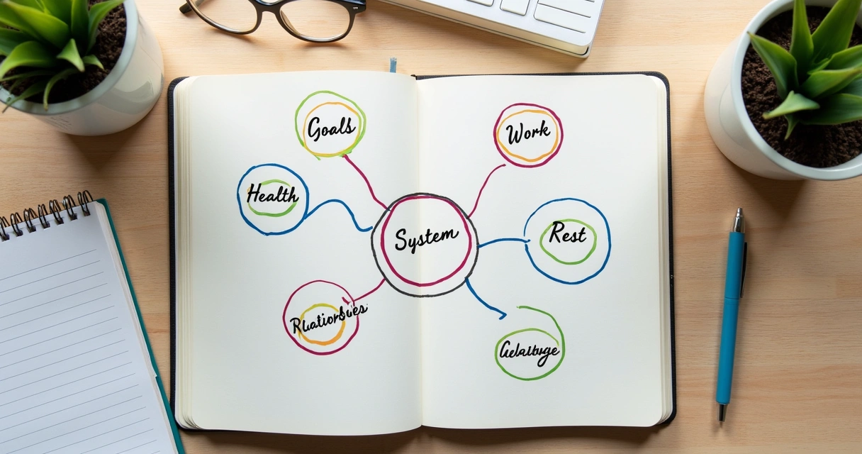 Cuaderno con mapa de metas conectadas a familia salud y trabajo 