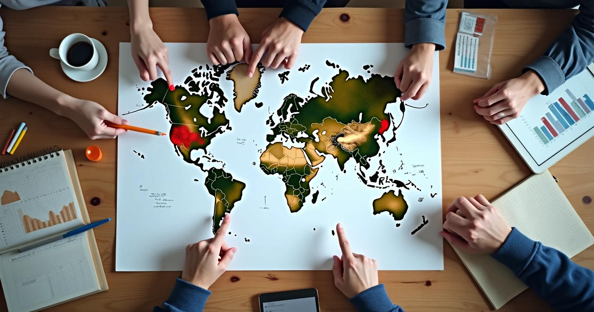 Mapa com indicadores e mãos apontando regiões em análise