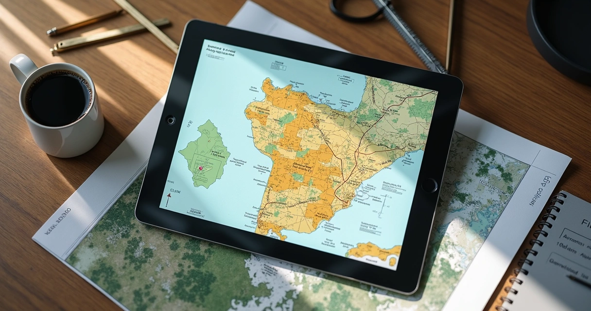 Mapa digital de fazenda com áreas de risco climático e rotas de acesso 