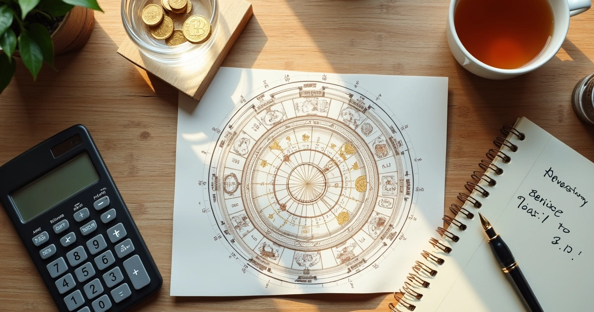 Mapa astral e anotações financeiras sobre uma mesa 