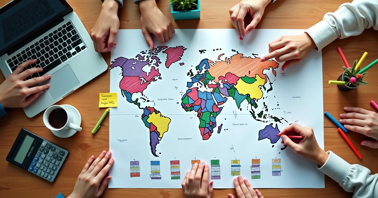 Mapa colorido de fluxo de caixa desenhado em mesa de escritório com canetas e laptop 