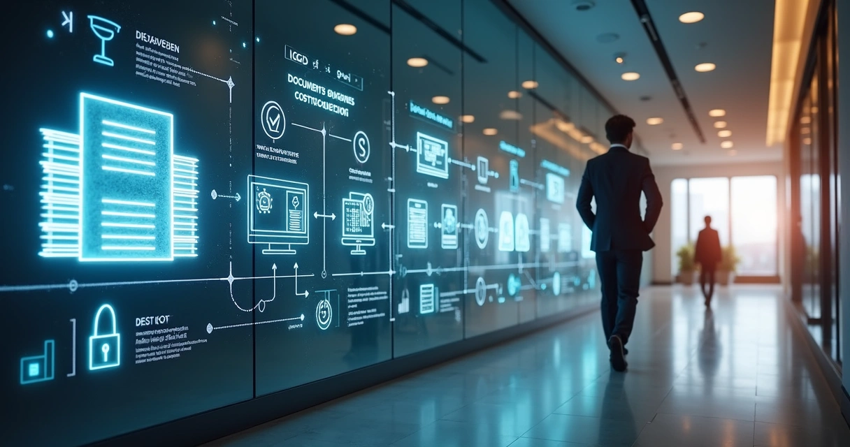 Fluxo visual de digitalização de documentos com símbolos de segurança e conformidade 