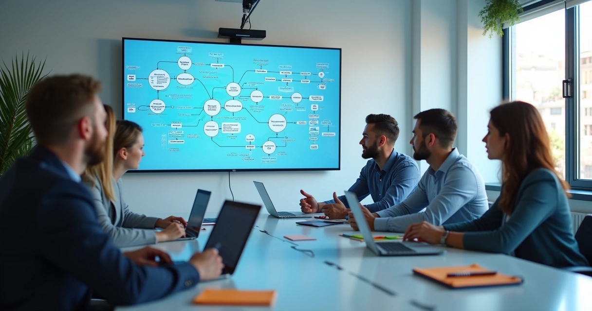 Equipe analisando fluxo de processos em tela compartilhada 