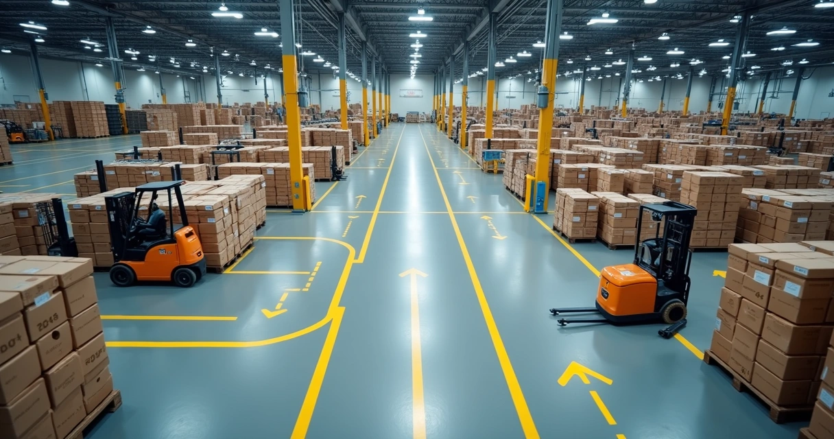 Mapa de fluxo interno em chão de fábrica com rotas marcadas entre estoque e linhas