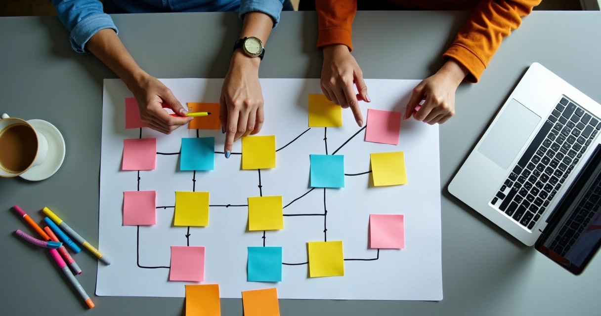 Mapa de fluxo com post-its coloridos 