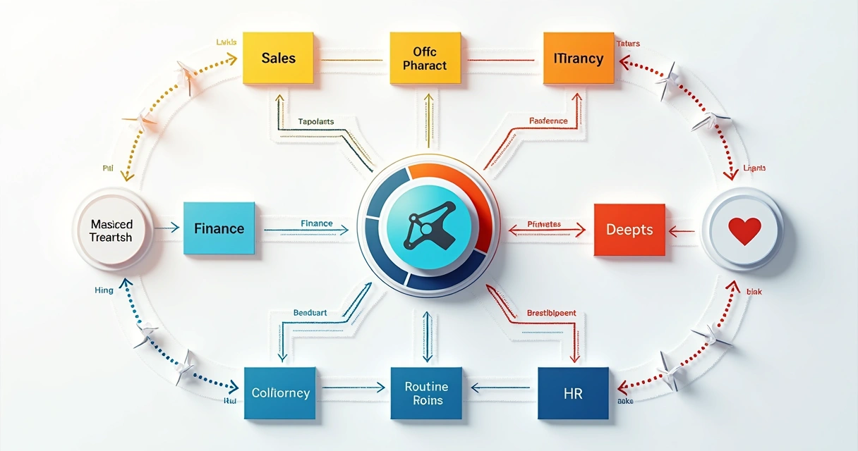 Fluxograma colorido mostrando diferentes setores de uma empresa e suas principais tarefas conectadas