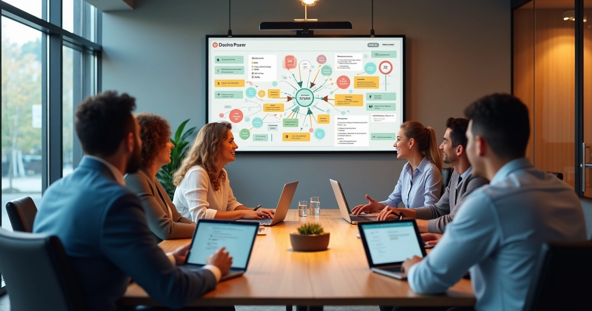 Quadro representando um fluxo de trabalho estruturado com tarefas, setas e conexões distintas 
