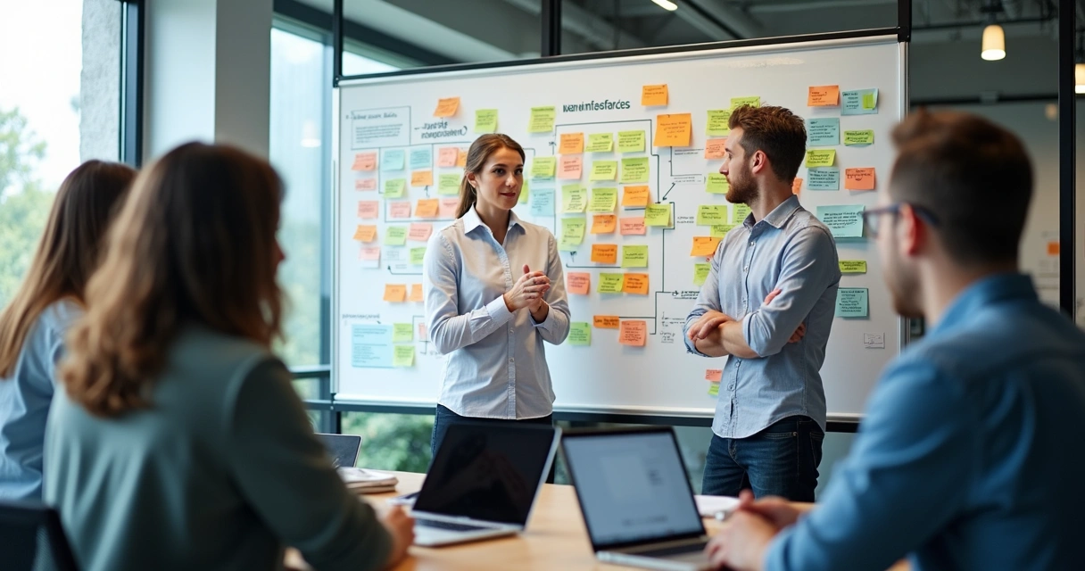 Mapeamento de processo com post-its coloridos em parede branca 