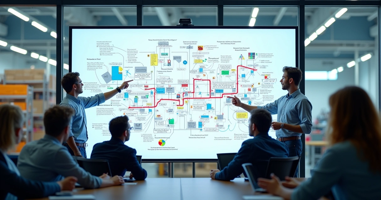 Fluxo de valor desenhado em quadro branco numa fábrica 