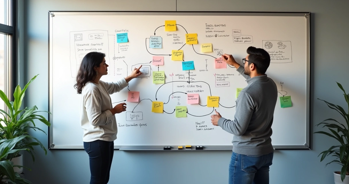 Quadro branco com mapa de fluxos de automação escrito à mão e post-its coloridos 