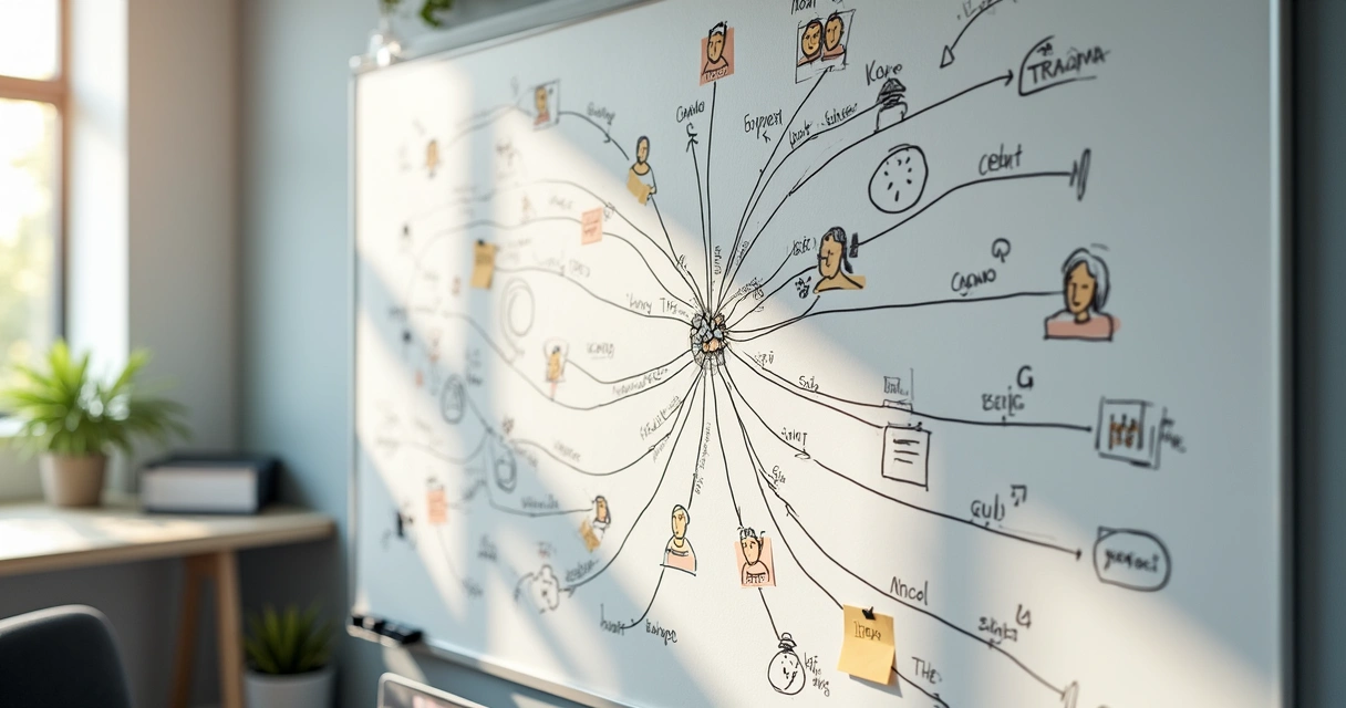 Desenho com linhas conectando pessoas e eventos em um quadro branco 